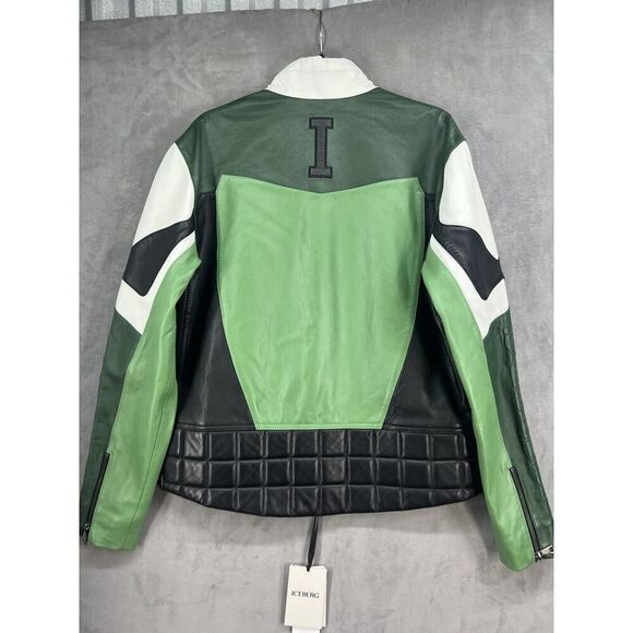 ICEBERG Leather Biker Jacket Size EU 44 Full Zip Men’s Jacket Green Black - Picture 10 of 16